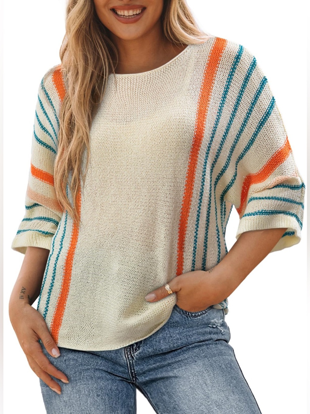 Cream Striped Knit Sweater with Orange & Teal Accents